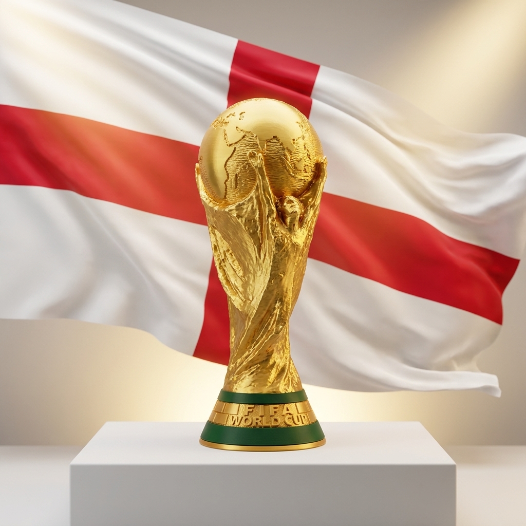 Gold World Cup trophy replica on a podium with the England flag behind