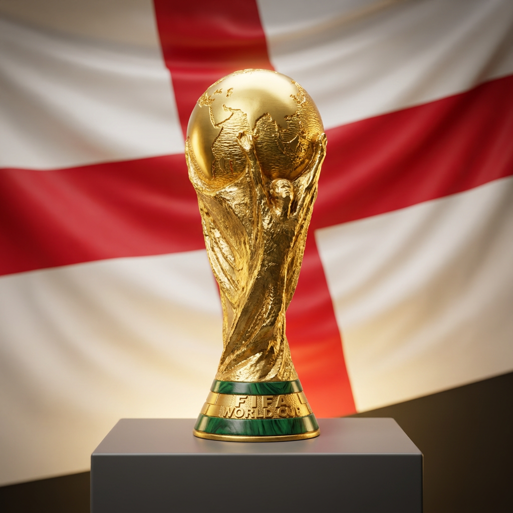 Gold World Cup trophy replica on a pedestal with the England flag